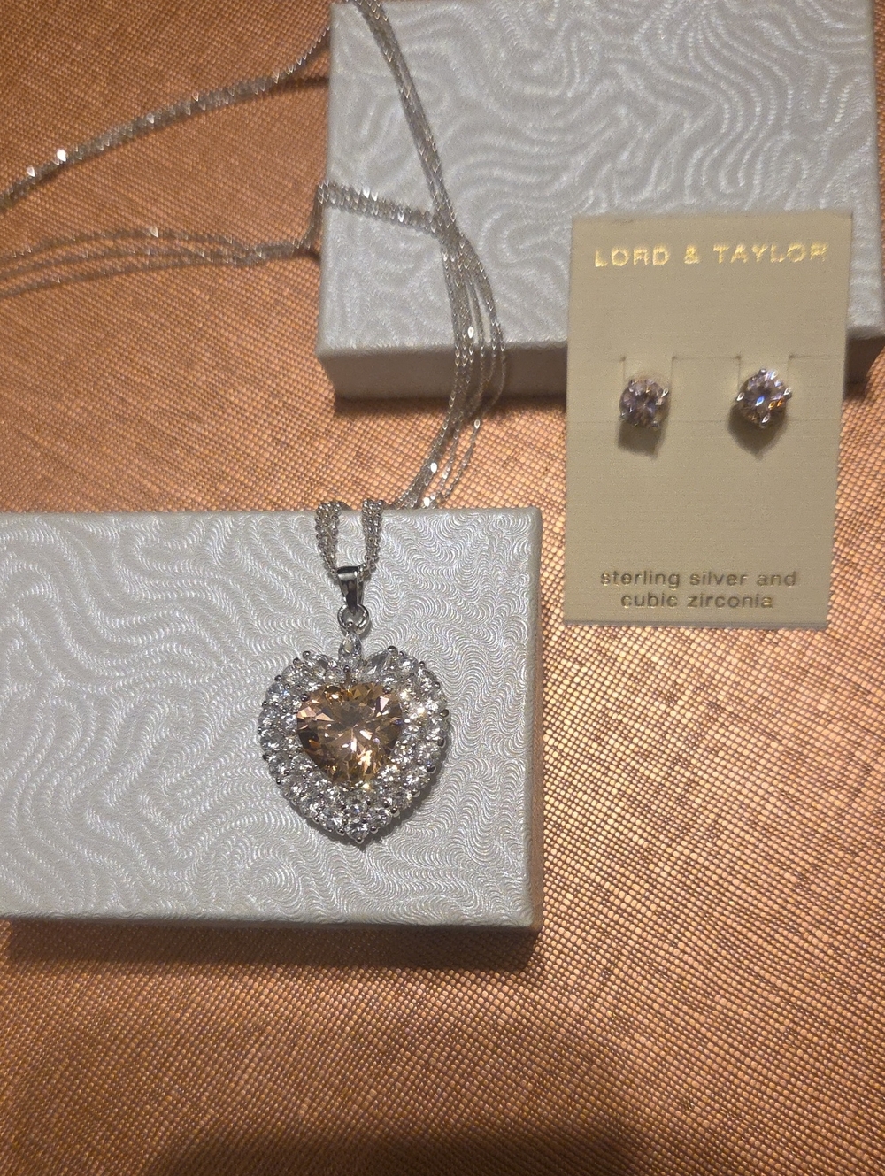 Sterling Silver Pink Cubic Zirconia Heart Pendant & Round Earring Set